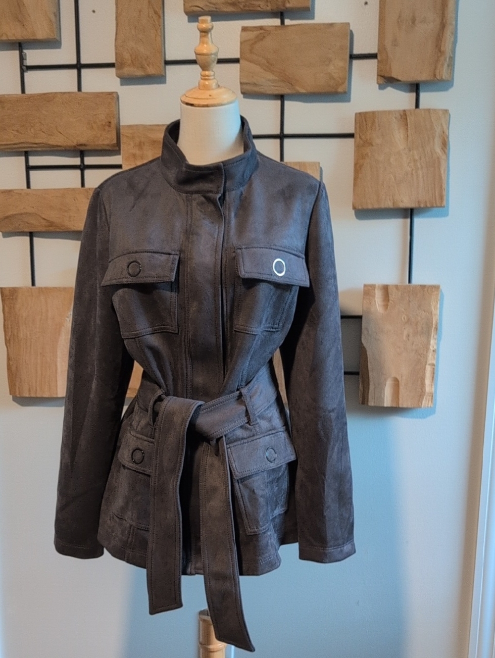 White House Black Market Charcoal Faux Suede Belted Jacket